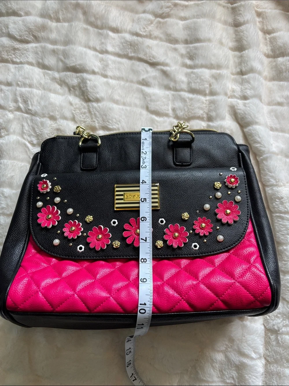Betsey Johnson Black & Hot Pink Floral Appliqué Satchel